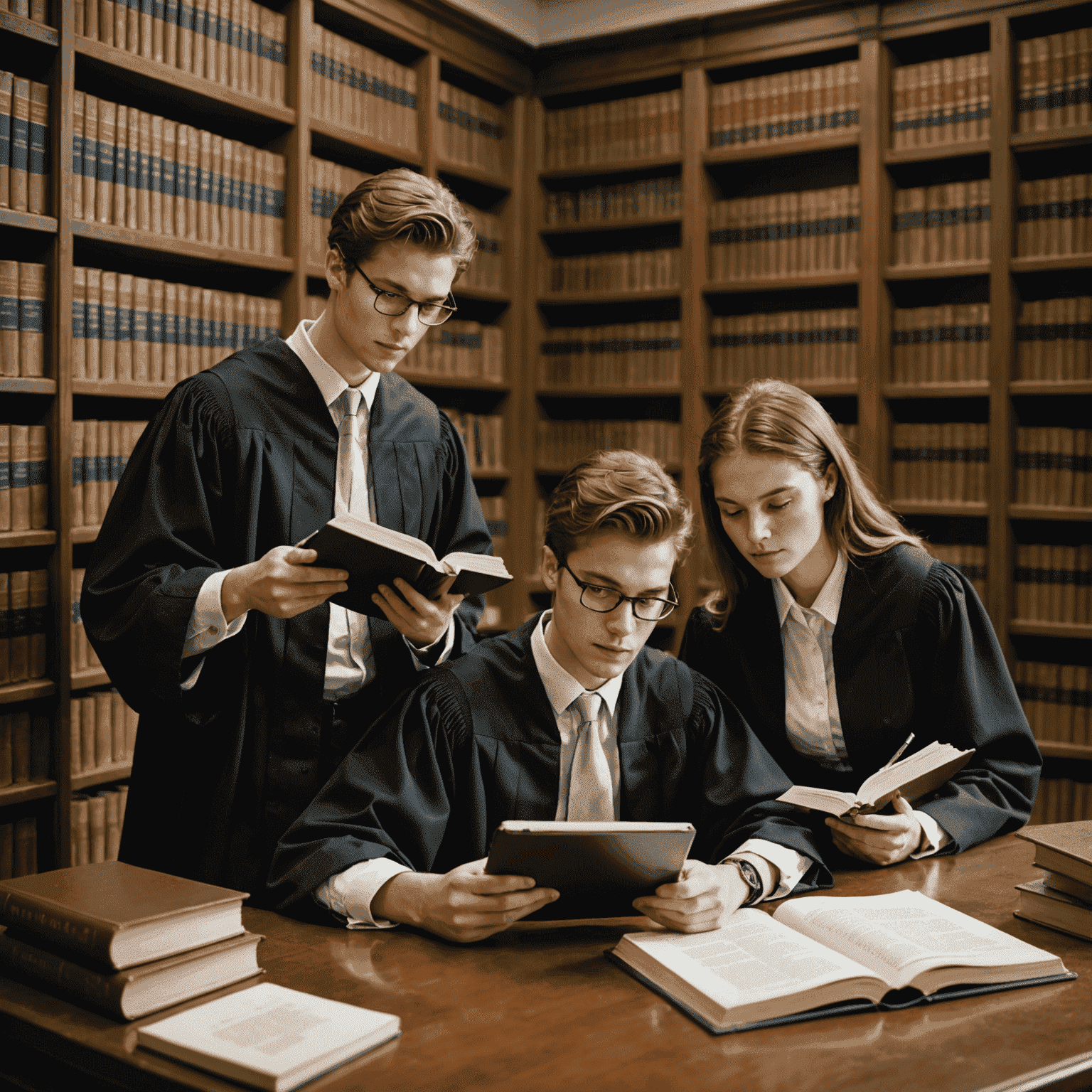 Estudiantes de derecho en una biblioteca jurídica, rodeados de libros de leyes y utilizando dispositivos electrónicos para estudiar