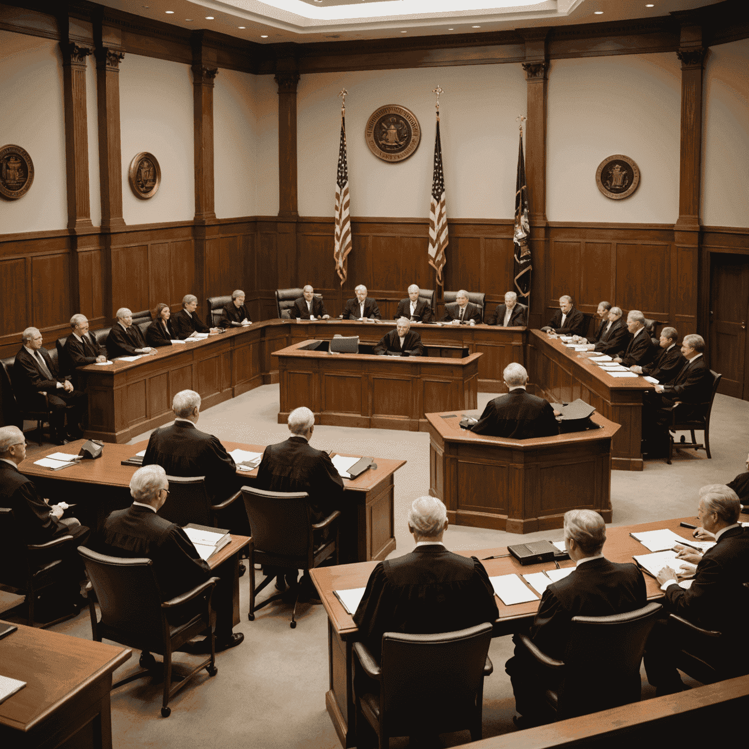 Imagen de una sala de tribunal moderna con jueces y abogados discutiendo nuevas leyes