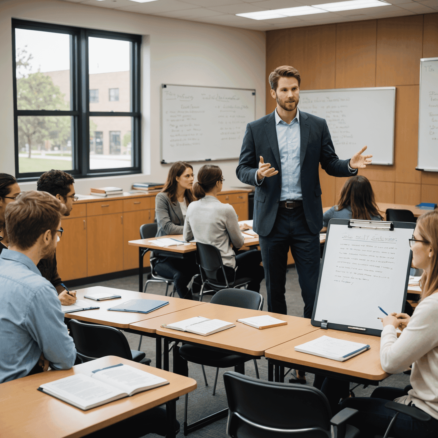 Imagen de un aula con estudiantes atendiendo una clase de fundamentos legales, con libros de derecho y un profesor explicando conceptos básicos en una pizarra.