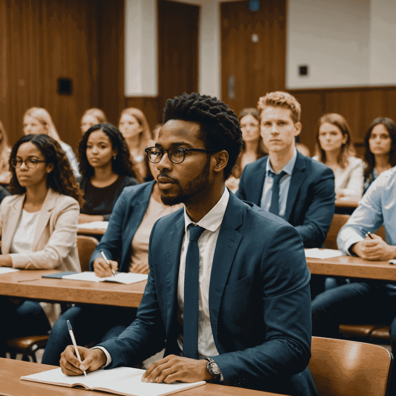 Estudiantes de derecho en una sala de conferencias, escuchando atentamente a un profesor que explica los principios básicos del derecho. La imagen muestra una mezcla diversa de estudiantes, algunos tomando notas, otros levantando la mano para hacer preguntas.