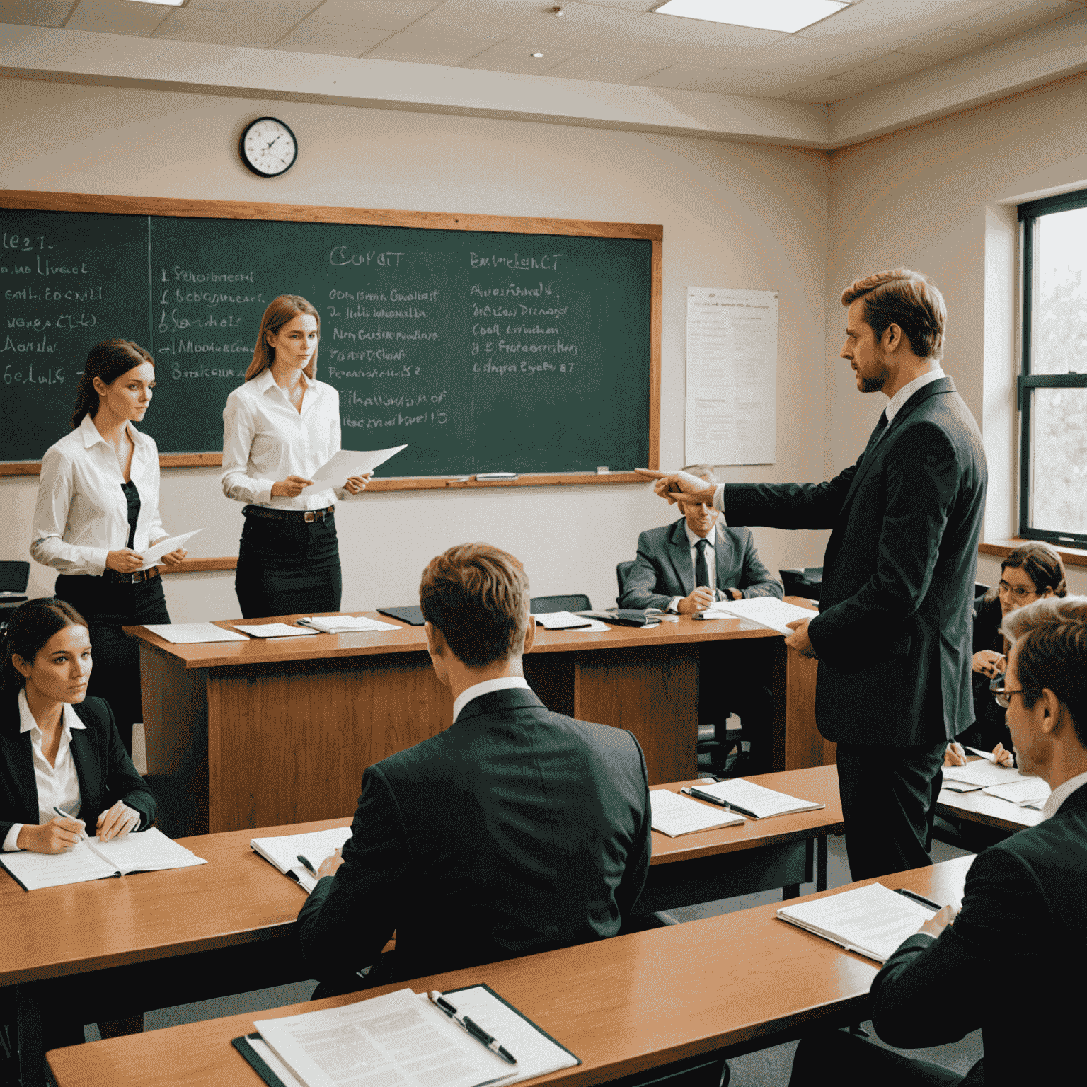 Imagen de un aula de derecho con estudiantes analizando documentos contractuales. El profesor está señalando un diagrama en la pizarra que muestra las etapas de formación de un contrato.