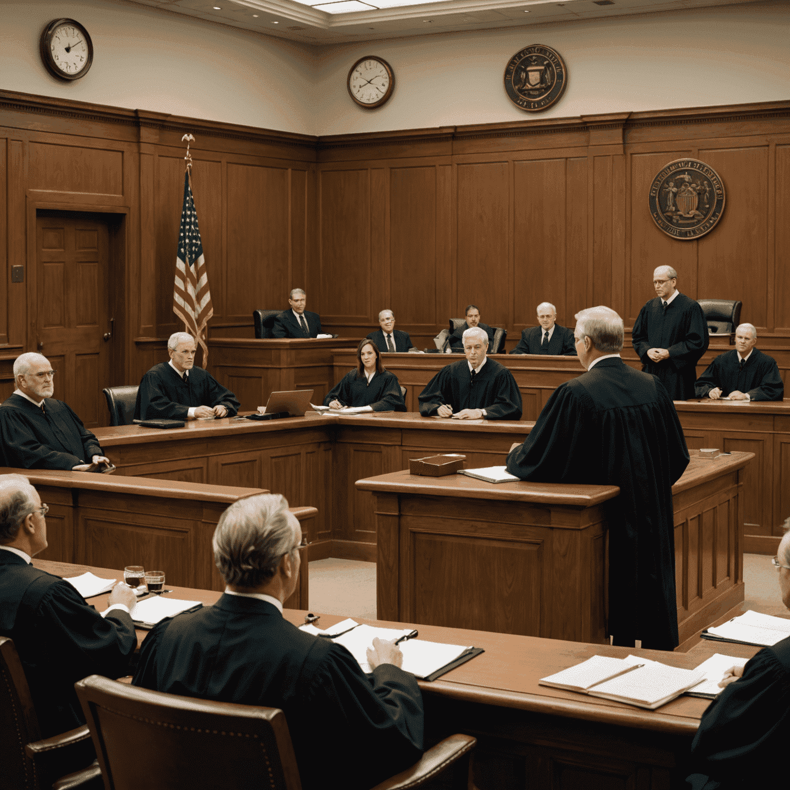 Imagen de una sala de tribunal con un juez, abogados y acusado durante un juicio penal