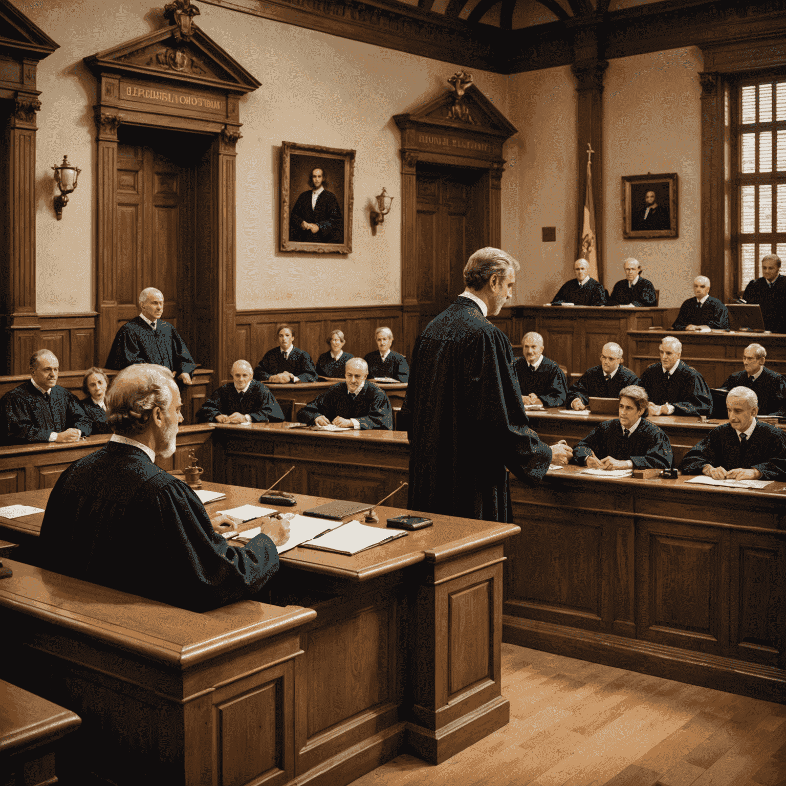 Imagen de una sala de tribunal española con un juez presidiendo y abogados presentando sus casos