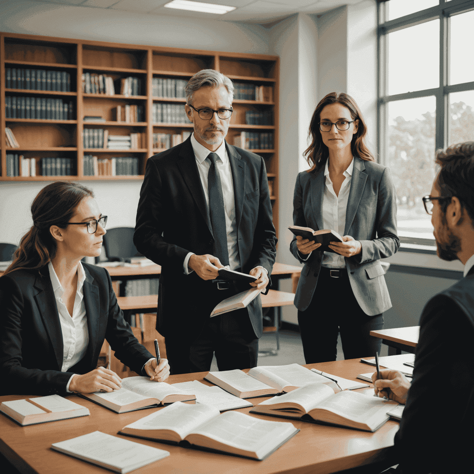 Estudiantes de derecho discutiendo ética legal en un aula moderna, con libros de derecho y un profesor guiando la conversación