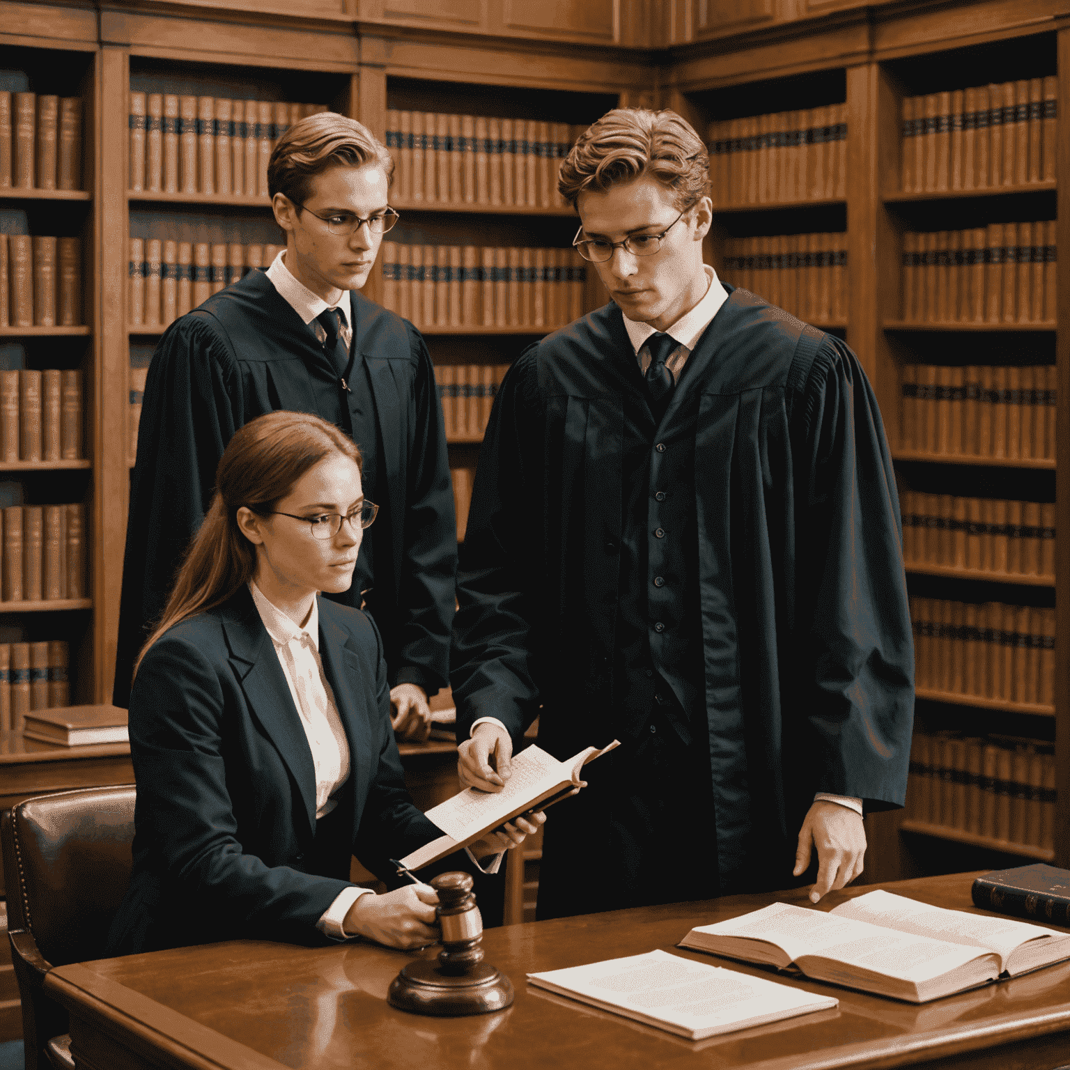 Estudiantes de derecho discutiendo un caso penal en una biblioteca jurídica
