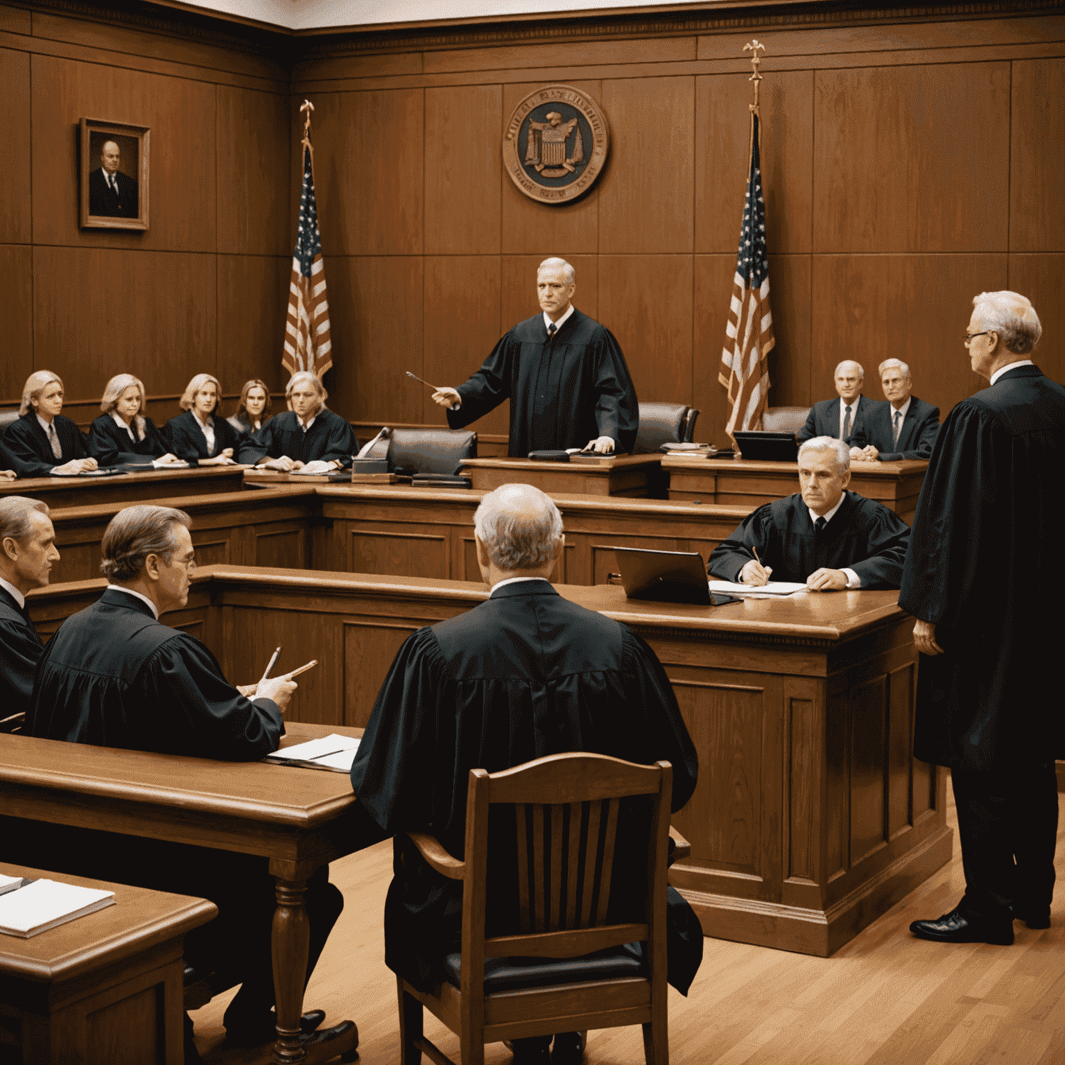 Imagen de una sala de tribunal con un juez, abogados y acusado, representando una escena de un caso de derecho penal.