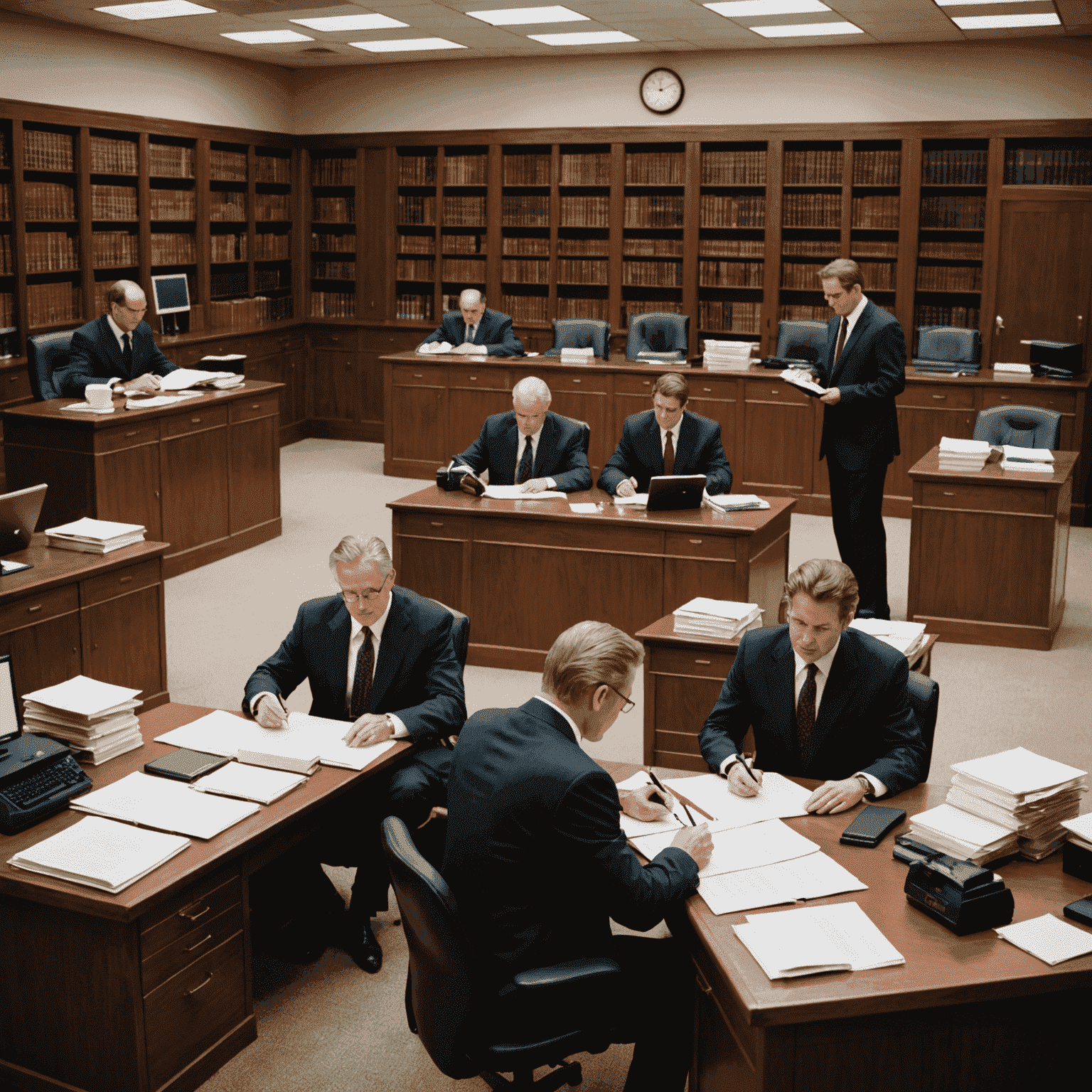 Imagen de abogados preparando documentos para un litigio civil, con archivadores, computadoras y una maqueta de una sala de tribunal.